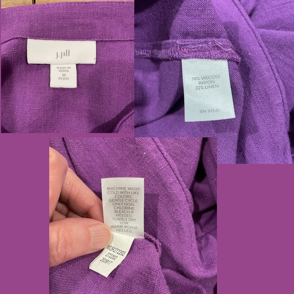 J.Jill Petite M Purple Puff Sleeve Linen Blend Midi Dress Button Front Boho - Picture 12 of 13